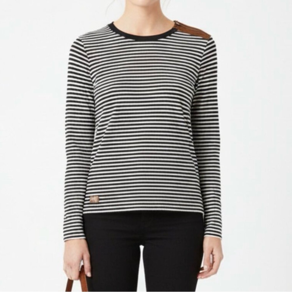 LRL‎ Striped Long Sleeve Size XL Faux Leather shoulder zipper and elbow patches